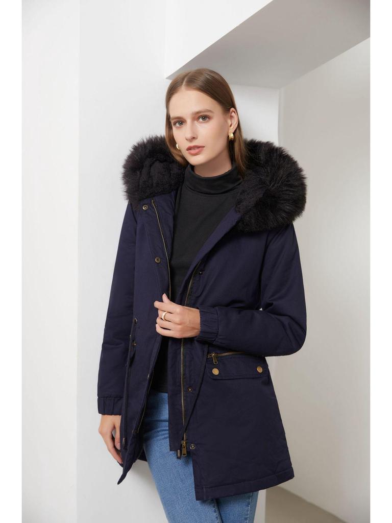 Women's Fleece-Lined Hooded Parka with Fur Collar - Warm Loose-Fit Cotton Jacket, European Size (2021 Autumn/Winter Collection)