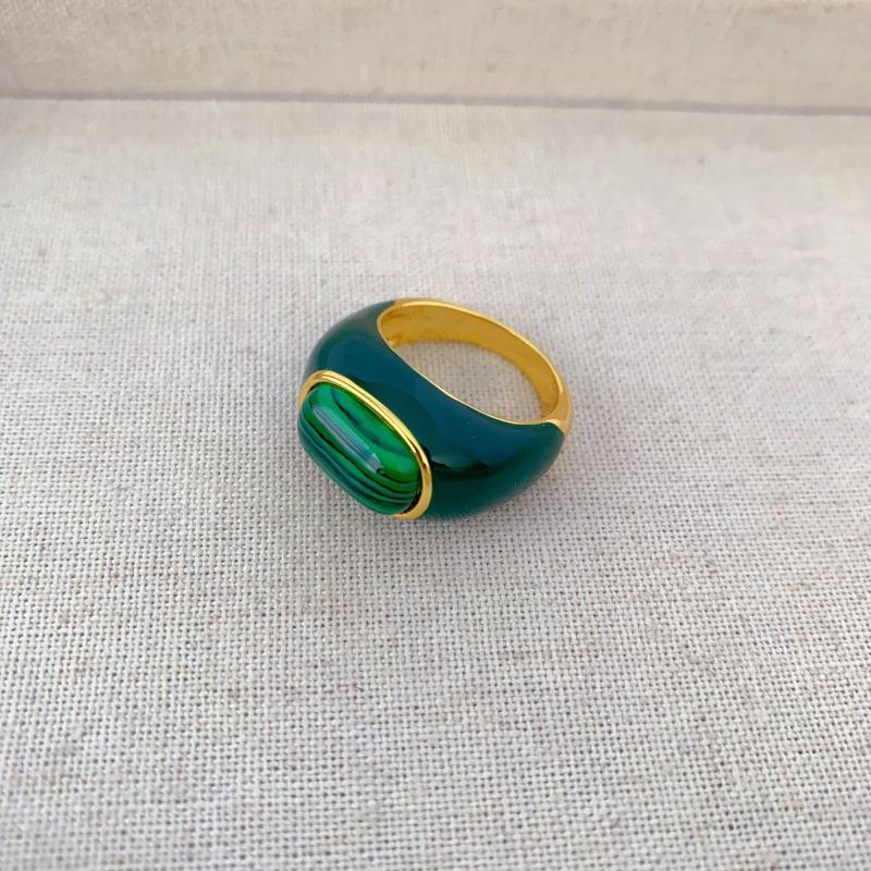 Meier Copper Plated with Real Gold Inlaid with White Butterfly Mother-of-pearl Malachite Oil Drop Necklace Ring