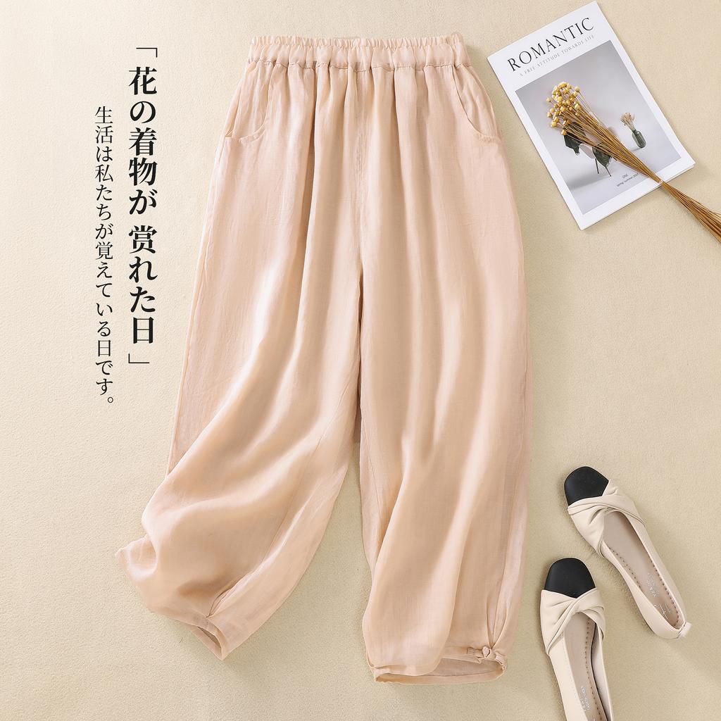 2025 summer new solid color cotton and linen double-layer nine-point casual pants women's Zen loose retro elastic waist buckle bloomers