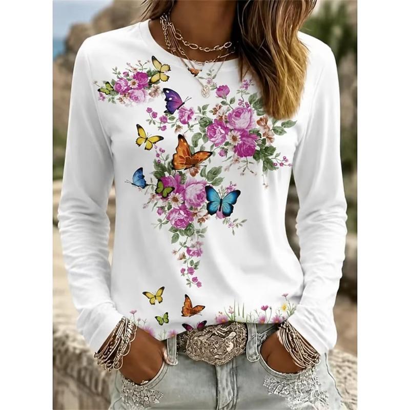 Efterår og Vinter Dame Blomst 3D Printet Rund Hals Langærmet T-shirt