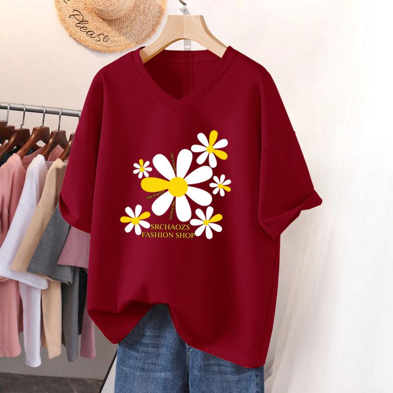 Short-sleeved T-shirt for Women, Large Size, Loose and Slimming, Printed V-neck Top