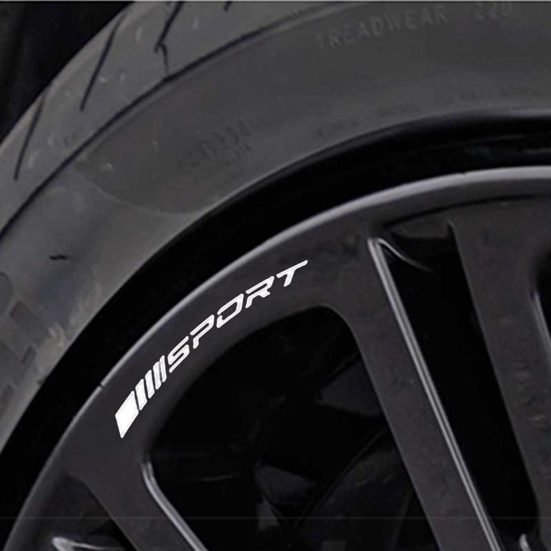 Neue reflektierende Rennstreifen Auto Radaufkleber - Sportliches englisches Buchstaben Design (4er-Set) weiß