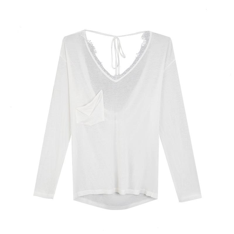 White Lace V-neck T-shirt Women's Summer Thin Sunscreen Cover-up *** Loose Mid-length Long-sleeved Top