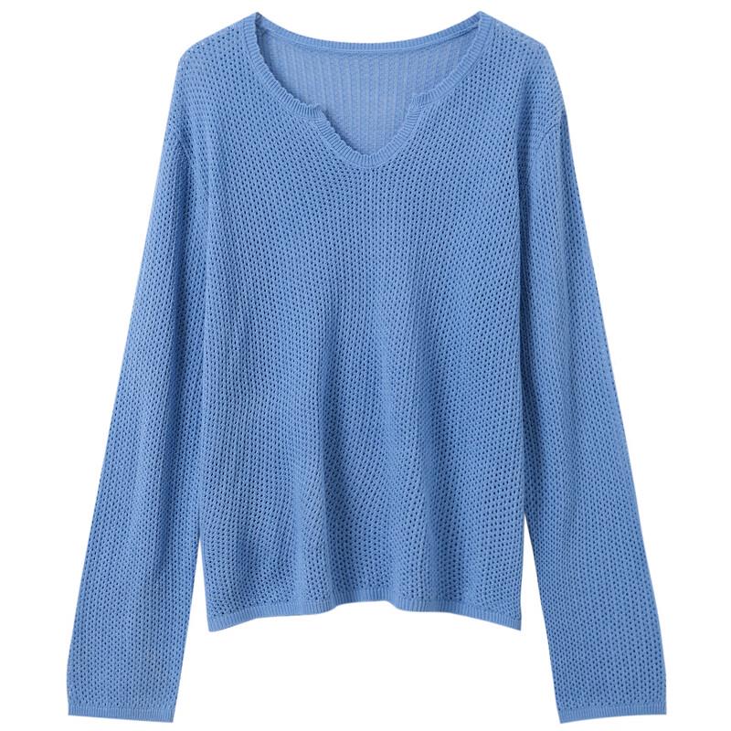 Sancai Women's V-Neck Drop-Shoulder Hollow Knit Sweater