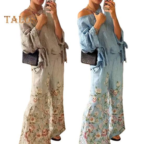 2 Pcs/Set Women Top Pants Set One Shoulder Slant Neck Three-quarter Sleeve Lace-up Cuff Blouse Flower Print Stretchy High Waist Wide Leg Trousers