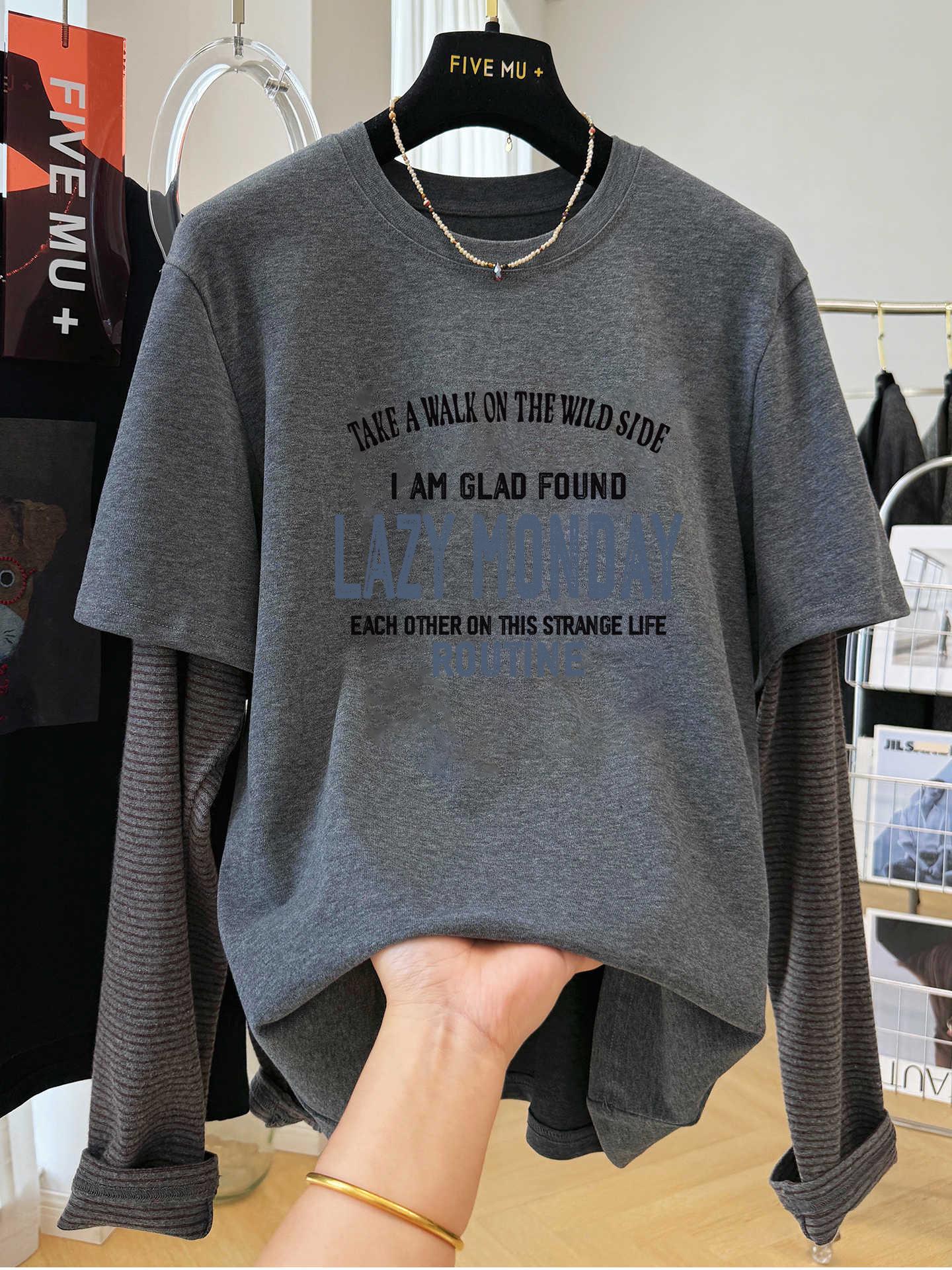 

Women s Deep Gray Faux Two-Piece Striped Long Sleeve T-Shirt - Unique Autumn 2025 Base Layer XL темно-серого