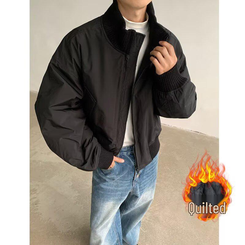 

Men s Winter Trendy Thickened Stand Collar Bomber Jacket - American Style Cotton Padded Outerwear for Teens 2XL чорний