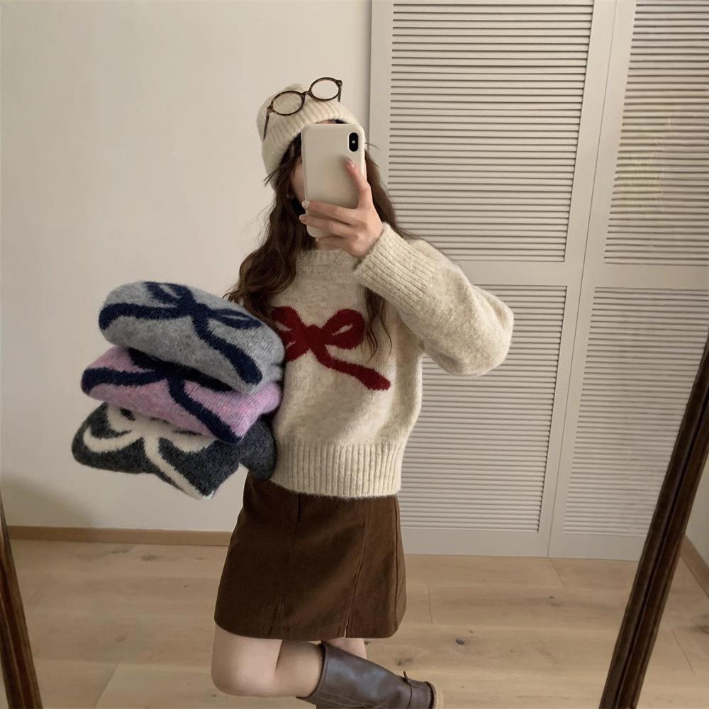 Korean Autumn Bow Detail Girly Style Knit Pullover Top Loose Round Neck Sweater