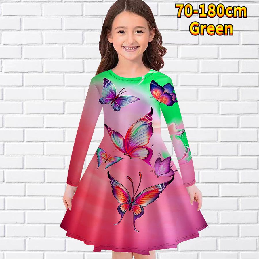 Girl Casual Gradient Butterfly Splicing Print Round Neck Long Sleeve Dress Kid Princess Dress