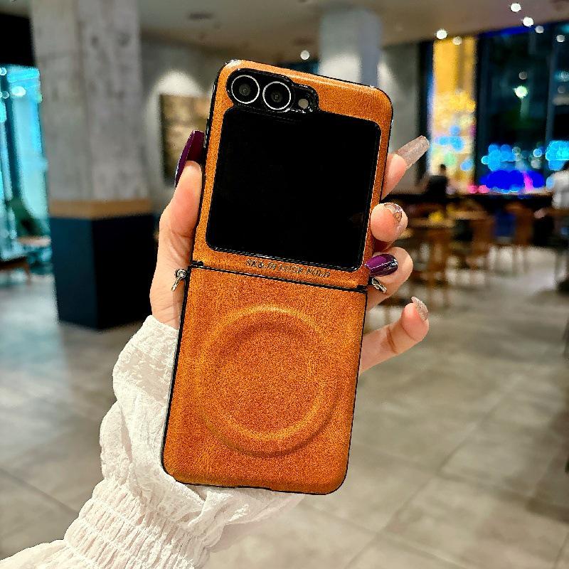 Business Crazy Horse Pattern Magnetic Case for Samsung Z Flip7: Foldable, Anti-Drop, Anti-Lost Lanyard, Compatible with 6/5 Gen.