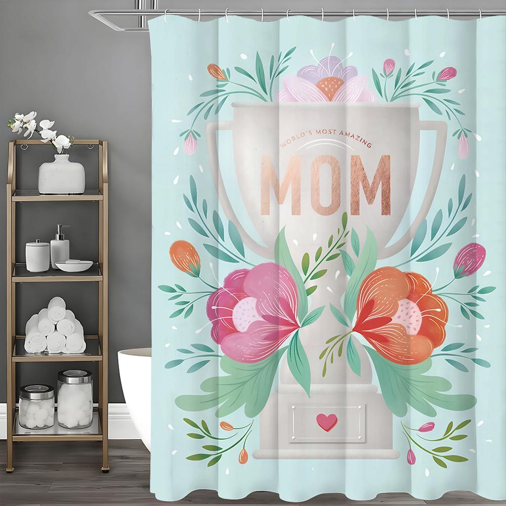 

Happy Mother s Day Trophy Floral Shower Curtain, Bathroom Decorative Shower Curtain, Waterproof Shower Curtain with Hooks 90*180cm