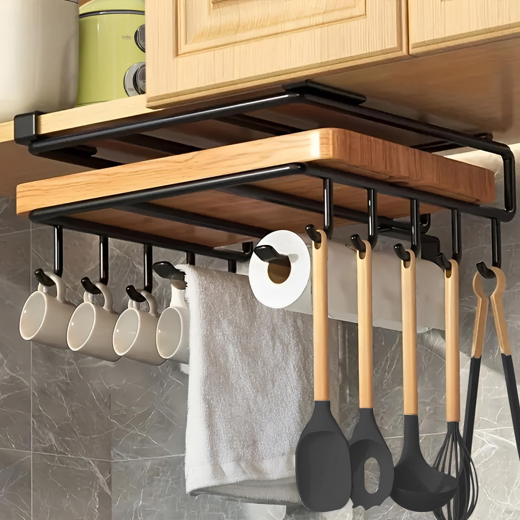 

Under Cabinet Mug & Paper Towel Holder, No-Drill Chopping Board Organizer, Space Saving Kitchen Hooks (Black) 2-tier