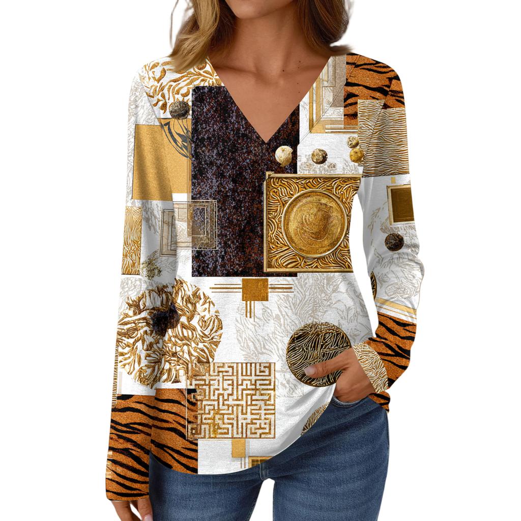 Women's Casual Fashion Brushed Retro Floral Print Long Sleeve V-Neck Top T-Shirt