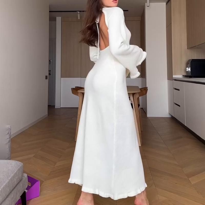 

Осень 2024 Сексуальное платье с открытой спиной, высокой талией и длинными рукавами, с круглым вырезом – Женская мода XS белый
