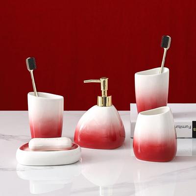 Gradient Red Ceramic Lotion Bottle Hotel Bathroom Toiletry Set Toothbrush Holder Mouthwash Cup Soap Dish Ceramic Soap Dispenser