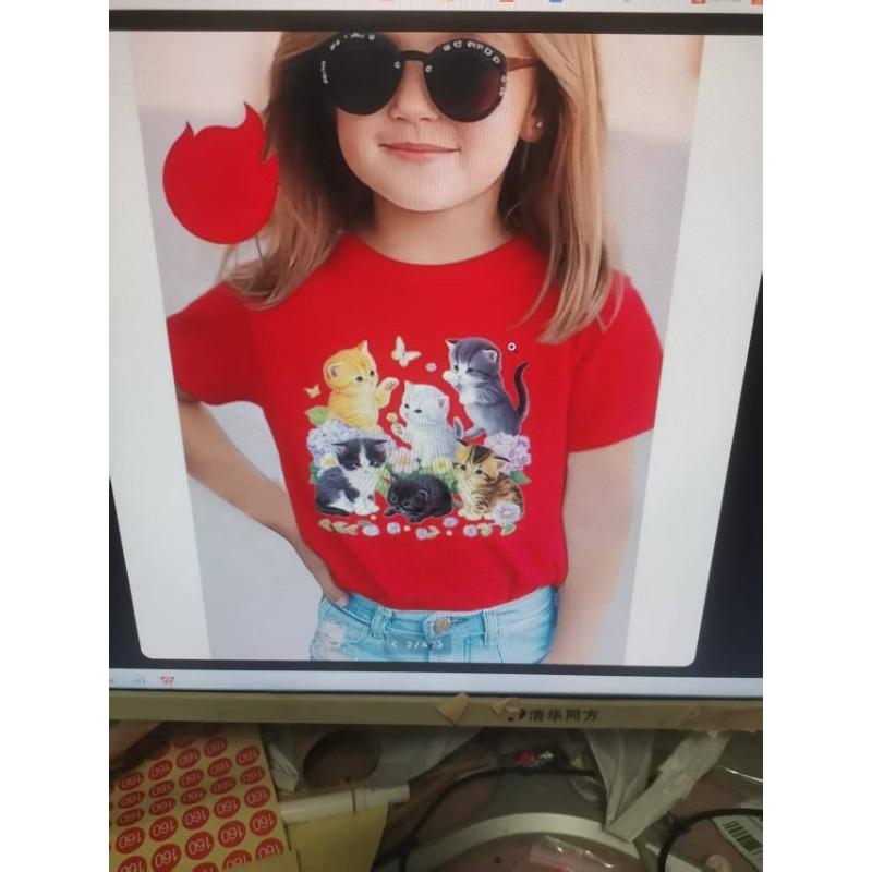 Dívčí tričko s potiskem kreslené kočky Polyesterové Letní Oblečení pro malé školačky Krátký rukáv Dětský top Kawaii Trička Dívčí topy