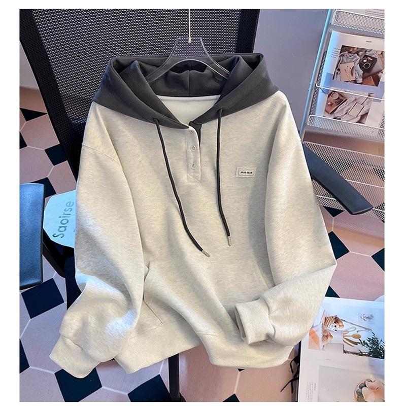 Kontrastfarbener Kapuzenpullover mit Knöpfen, lässiges Sweatshirt