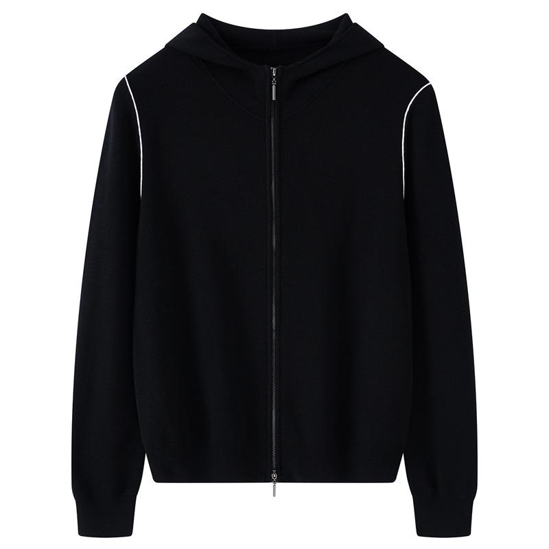 2026 Spring/Summer Women's Fine Wool Hooded Knit Cardigan - Solid Color, Double Zipper Design.