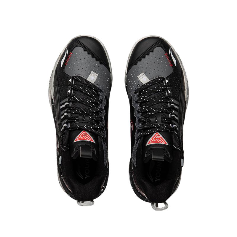 Li Ning Kids Basketball Synthetic Leather Fabric Bloom Trendy Comfortable Non-Slip Basketball Shoes Kids sneaker Black Shadow-Gray YKBU082-11