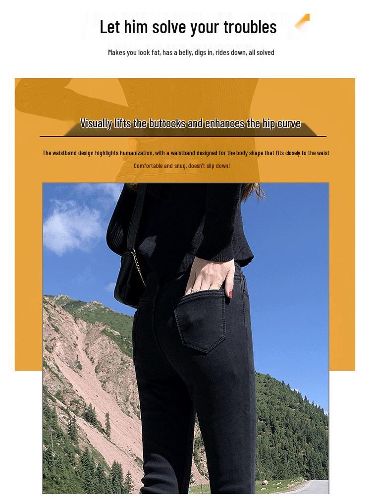 Damen High-Waist Jeans mit Samtfutter, geradem Bein - Schlankmachend, Petite, Figurschmeichelnd, Neun-Punkt-Länge, Trendiger Herbst-/Winter-Stil.