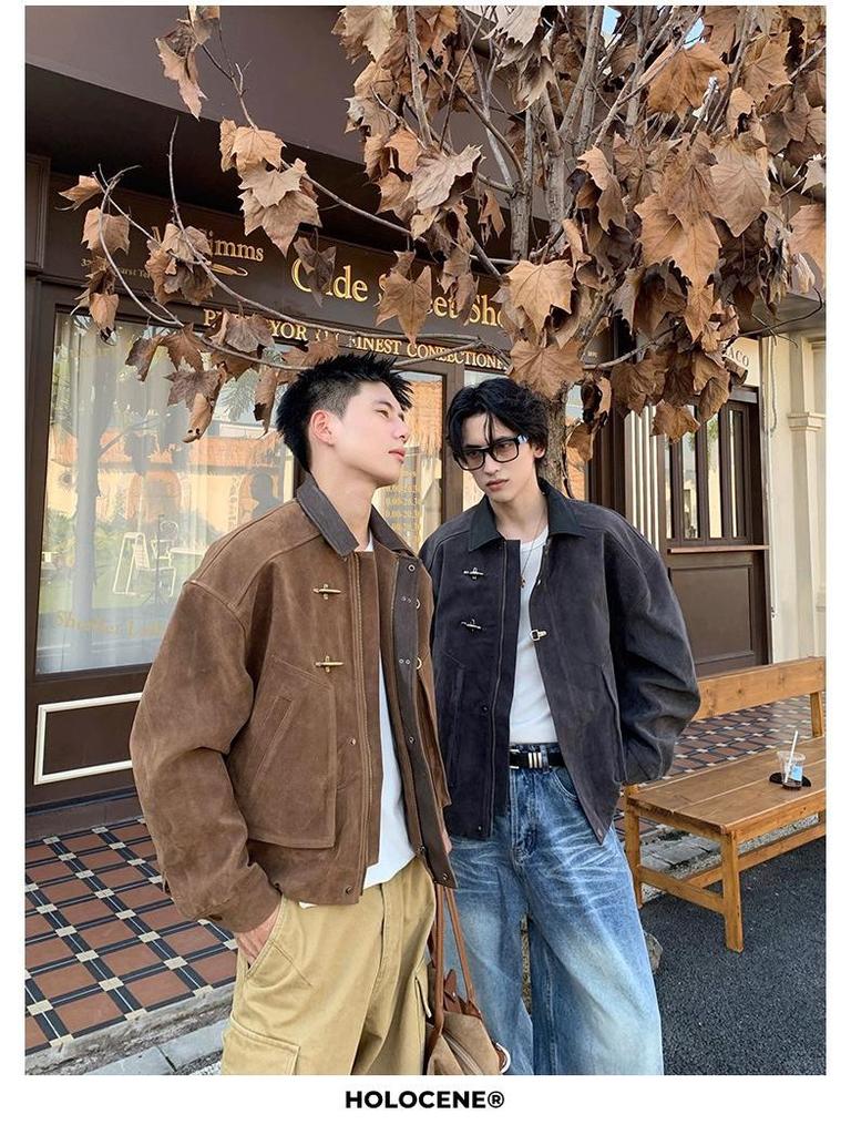American Retro Suede Short Jacket for Men – Trendy Autumn/Winter Lapel Outerwear