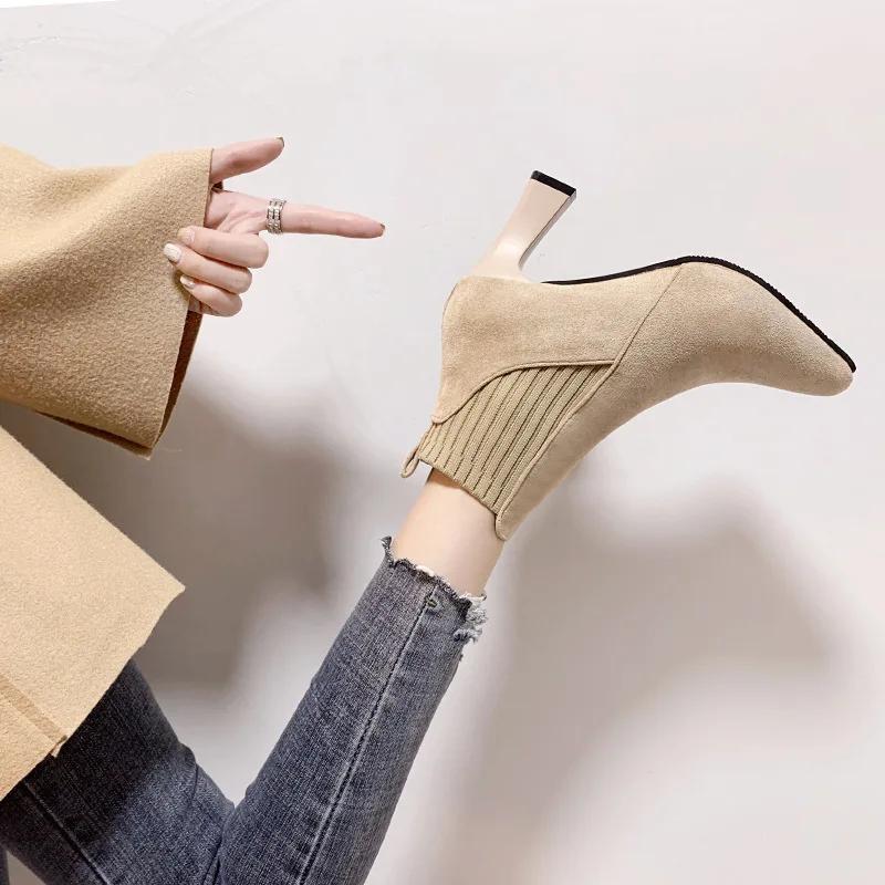 Hot Selling 2025 Ankle Boots Women Autumn Pointed Toe Knitted Warm Elastic Women's Shoes Shoes Casual High Heels Platform Boots