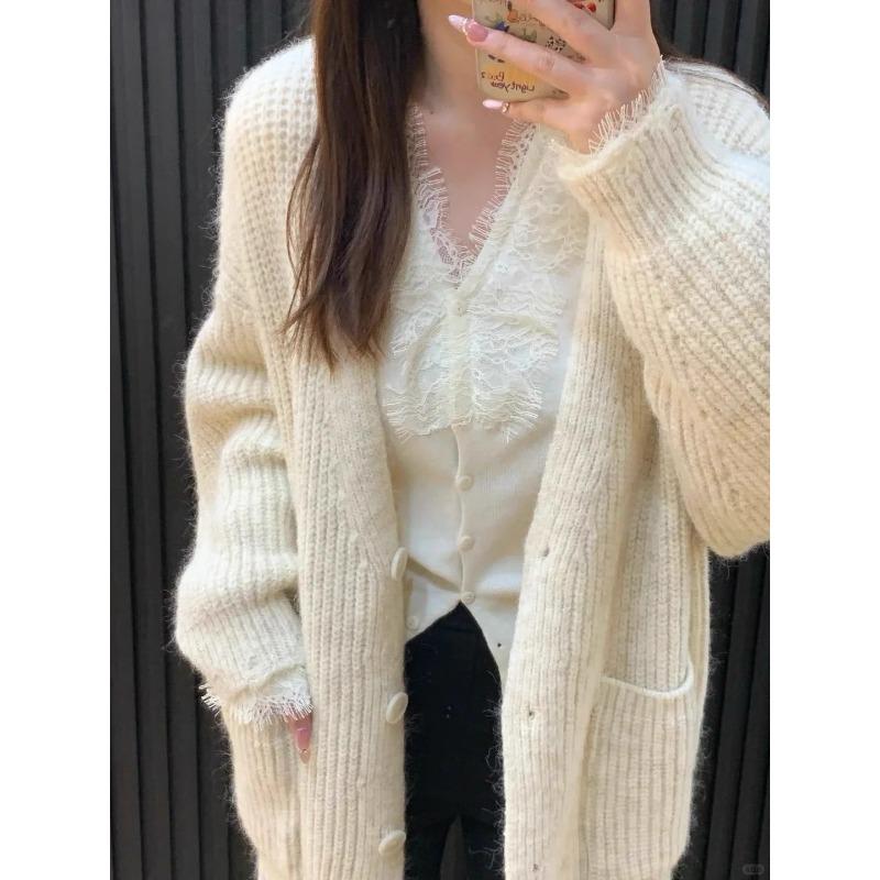 Premium collar temperament lace cardigan top women's autumn and winter sweet Spice Girl bottoming long-sleeved button-down knitted sweater