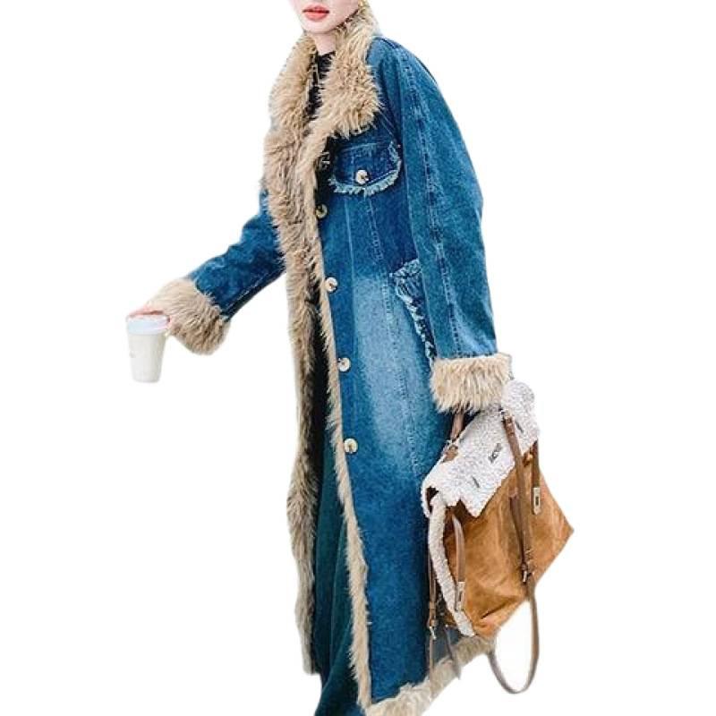 Lamb wool splicing denim cotton jacket women's winter new super good-looking long padded pie overcome coat