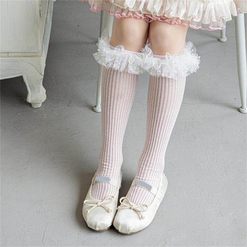 Sweet Style Mesh Dress Socks with Decorative Edge Accent for Toddler Girls Formal Event Under Knee Length Stockings