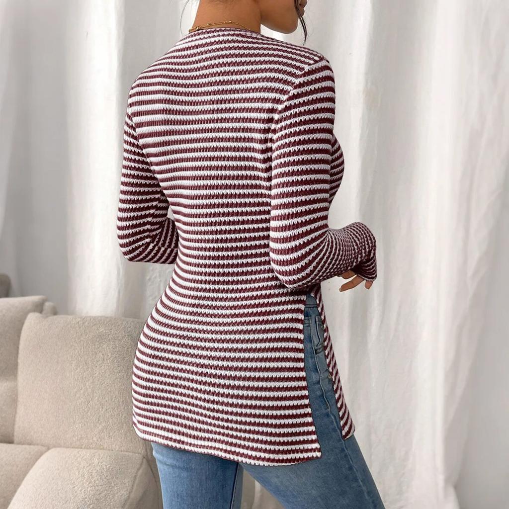 Women's Fashion Round Neck Slit Long Sleeve Color Top
