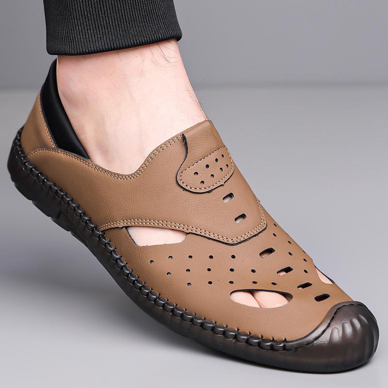 2025 Summer New Men's Leather Sandals Handmade On-line Soft Leather Soft Sole Hollow Breathable Casual Shoes 2025