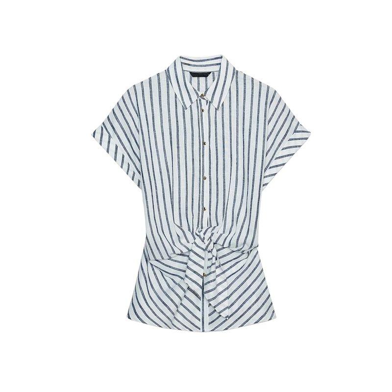 

Za Summer New Women clothes Linen Blend Knot Decoration Stripe Flip Collar Short sleeve Shirts 8138863 8138805 Blue XS