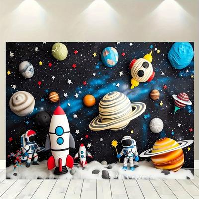Outer Space Happy Birthday Backdrop Universe Planet Galaxy Spacecraft Astronaut Blast Off Rocket Baby Shower Photo Background