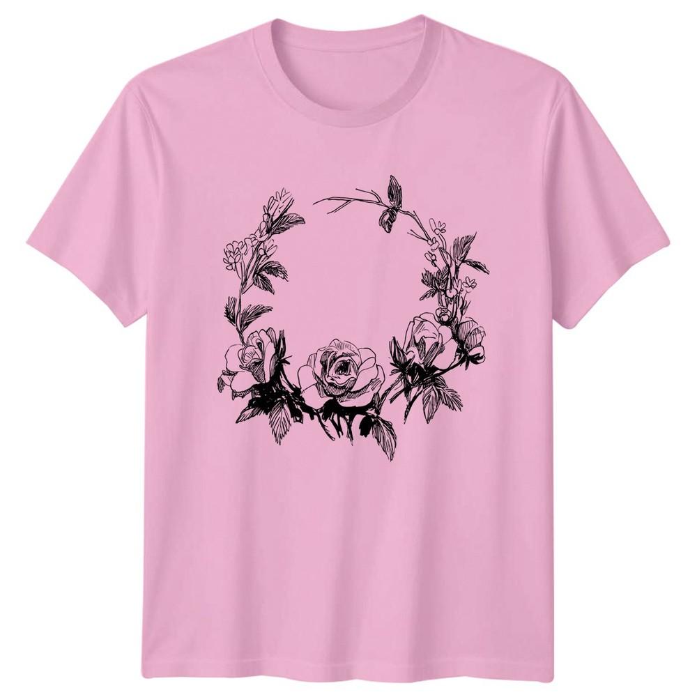 Floral Rose Wreath Black Sketch Unisexs TShirt Botanical Illustration Floral