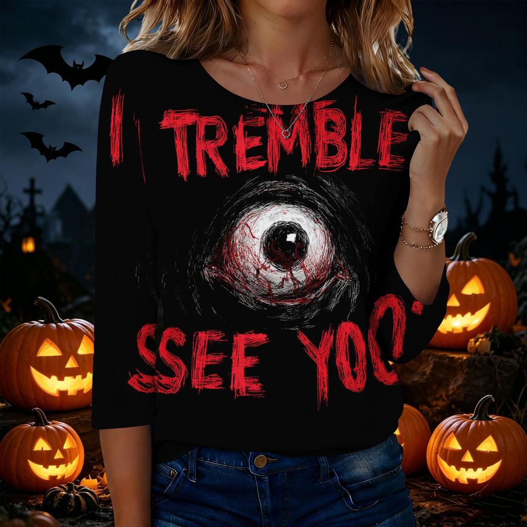 Women's Casual Crew Neck Three Quarter Sleeve Halloween Graphic T-Shirt Top Lightweight Comfortable Fit for Everyday Wear