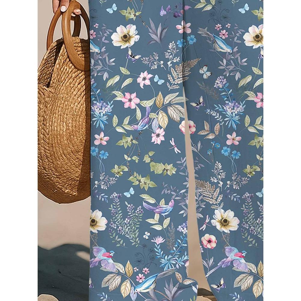 Women's Bohemian Wide Leg Pants with Elastic Waist and Drawstring - Colorful Floral Pants