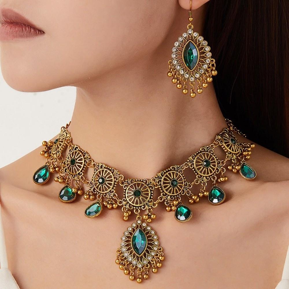 Metal Necklace Earrings Set Bohemia Style Ethnic Style Necklace Set Rhinestone Jewelry Set Women