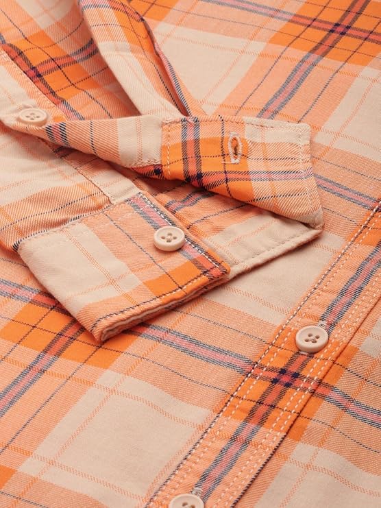 Men Slim Fit Checkered Full Sleeves Spread Collar Casual Shirt ( Rust )