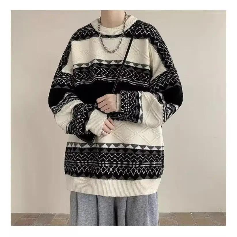 

Мужской полосатый свитер на осень-зиму 2025, мужской повседневный модный пуловер с круглым вырезом, мужской контрастный полосатый вязаный свитер XL чёрный