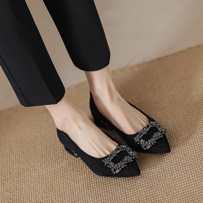 

Летне-осенние новые туфли-лодочки на высоком каблуке из черной замши с острым носком и мягкой подошвой для通勤, платье, со стразами, на толстом каблуке, одинарные туфли, рабочая обувь 40 чёрный