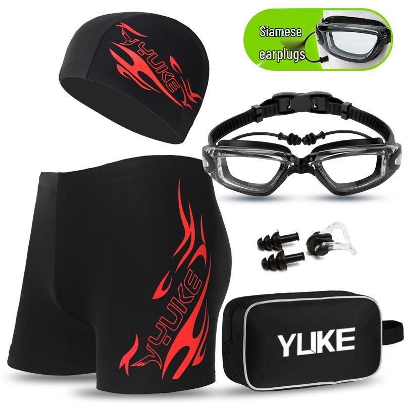 Men's Plus Size Swim Trunks with Flat Leg and Swim Gear Set (Includes Goggles and Cap)