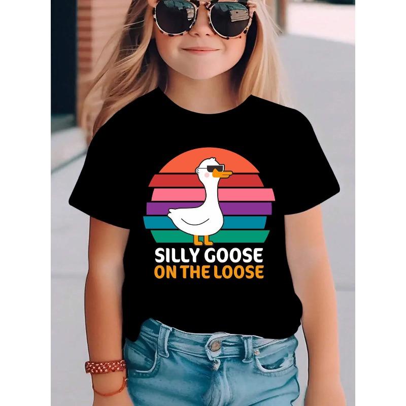 Girls Glasses-Wearing Silly Goose Cartoon Letter Print Crewneck Short Sleeve Tee