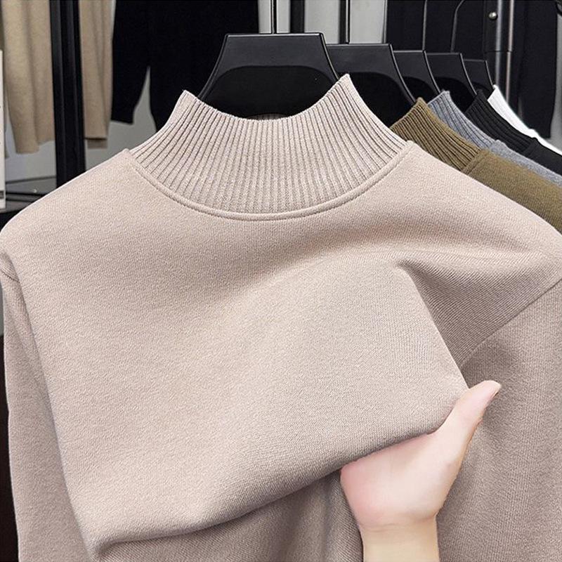 Men's Black Fleece Half-High Neck Sweater, Autumn/Winter Layer, Boys' Base Layer Knitwear