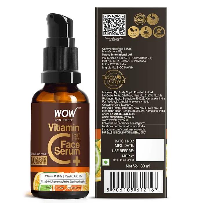 Wow Skin Science Vitamin C+(Plus) Face Serum - Vitamin C 20%, Ferulic Acid 1% - Brightening, Anti-aging Skin Repair, 30ml