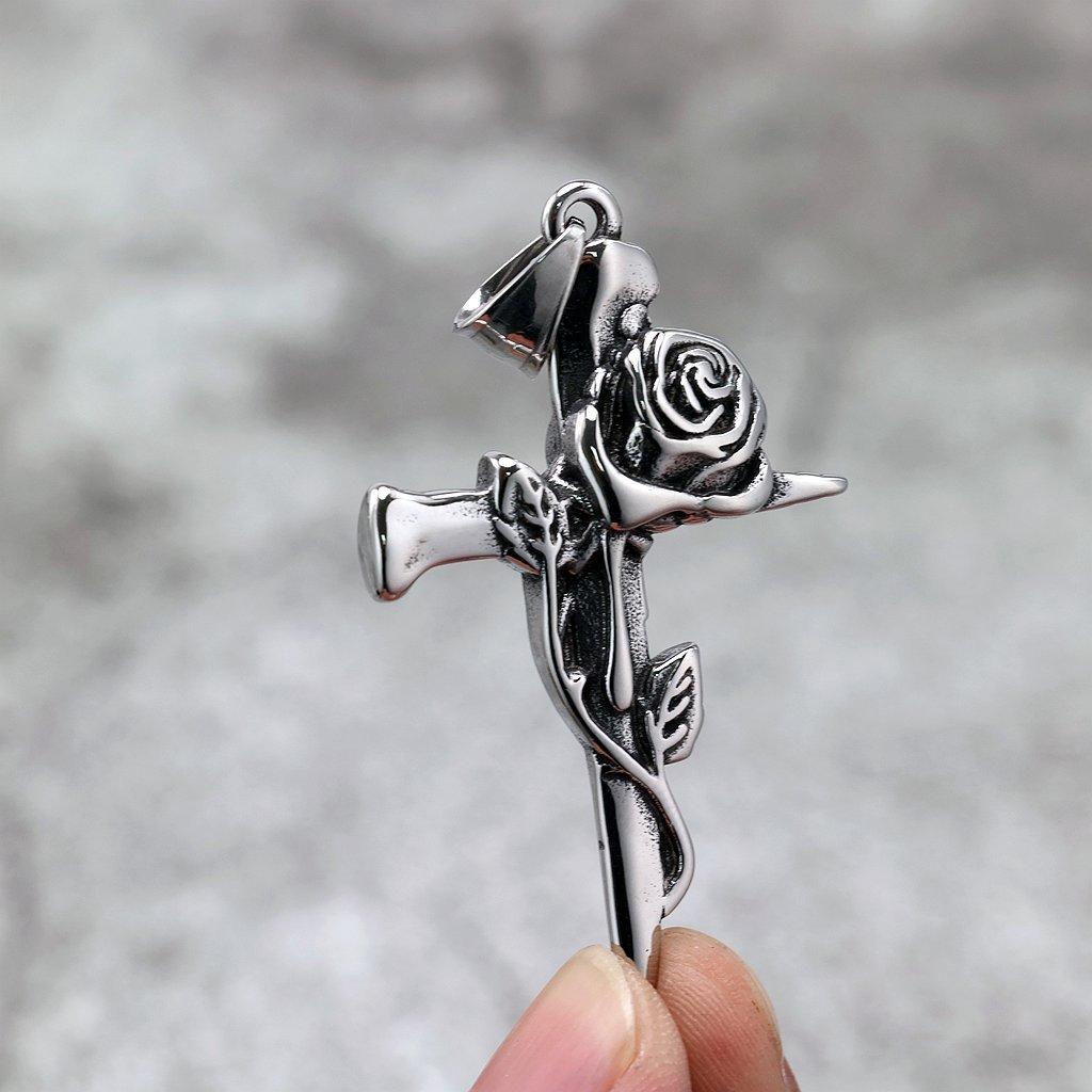 Vintage Stainless Steel Rose Cross Pendant Necklace Unisex Fashion Jewelry Charm