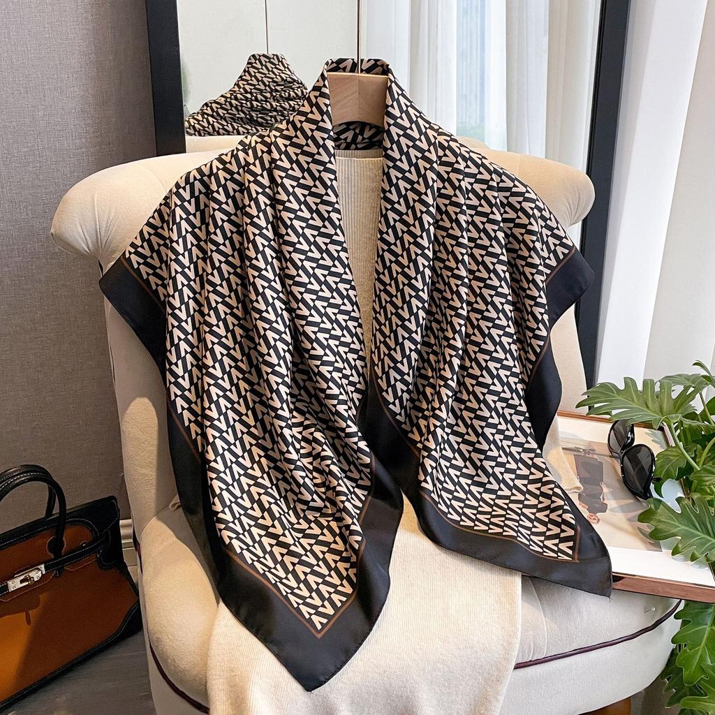 Letter Diagonal Silk Pattern 90 Square Scarf Printed Imitation Silk Fashionable Versatile Shawl Outer Headscarf Scarf
