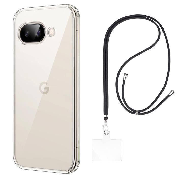 Coque et tour de cou pour Google Pixel 9a - TPU Souple Transparent Cordon Noir réglable Phonillico®