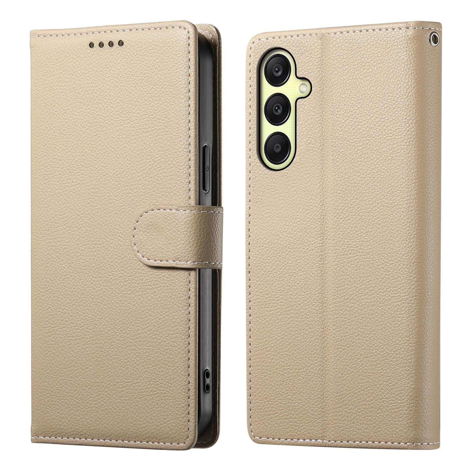 

For Samsung Galaxy A17 5G Case Magnetic Snap Litchi Texture Leather Wallet Phone Cover with Wrist Strap Apricot