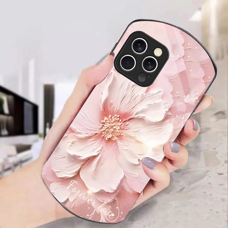 Plants in Oil Painting For iPhone 16 15 14 Pro 13 Plus 12 mini 11 13Pro Max XR X S 7 8 6 Elliptical Tempered Glass Phone Case