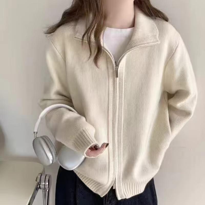 Modischer Strickmantel mit Stehkragen und Doppelreißverschluss für Damen, einfarbig, lässiger Strickcardigan im koreanischen Stil, Herbst Winter Pullover